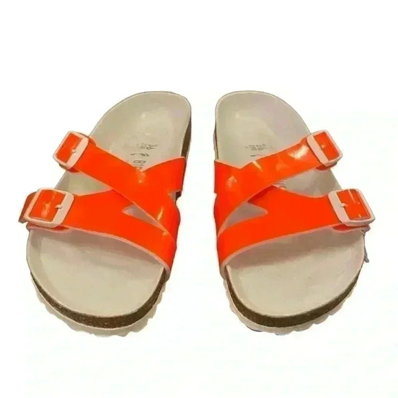 NEW BIRKENSTOCK YAO Balance Birko Flor Leather Sandal NEON ORANGE - Picture 2 of 8